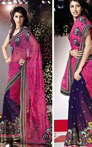 Fuchsia Pink and Blue Georgette Saree